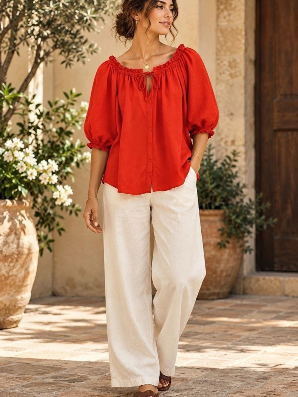 Antonio Melani Red Linen Blend Puff Sleeve Blouse XL